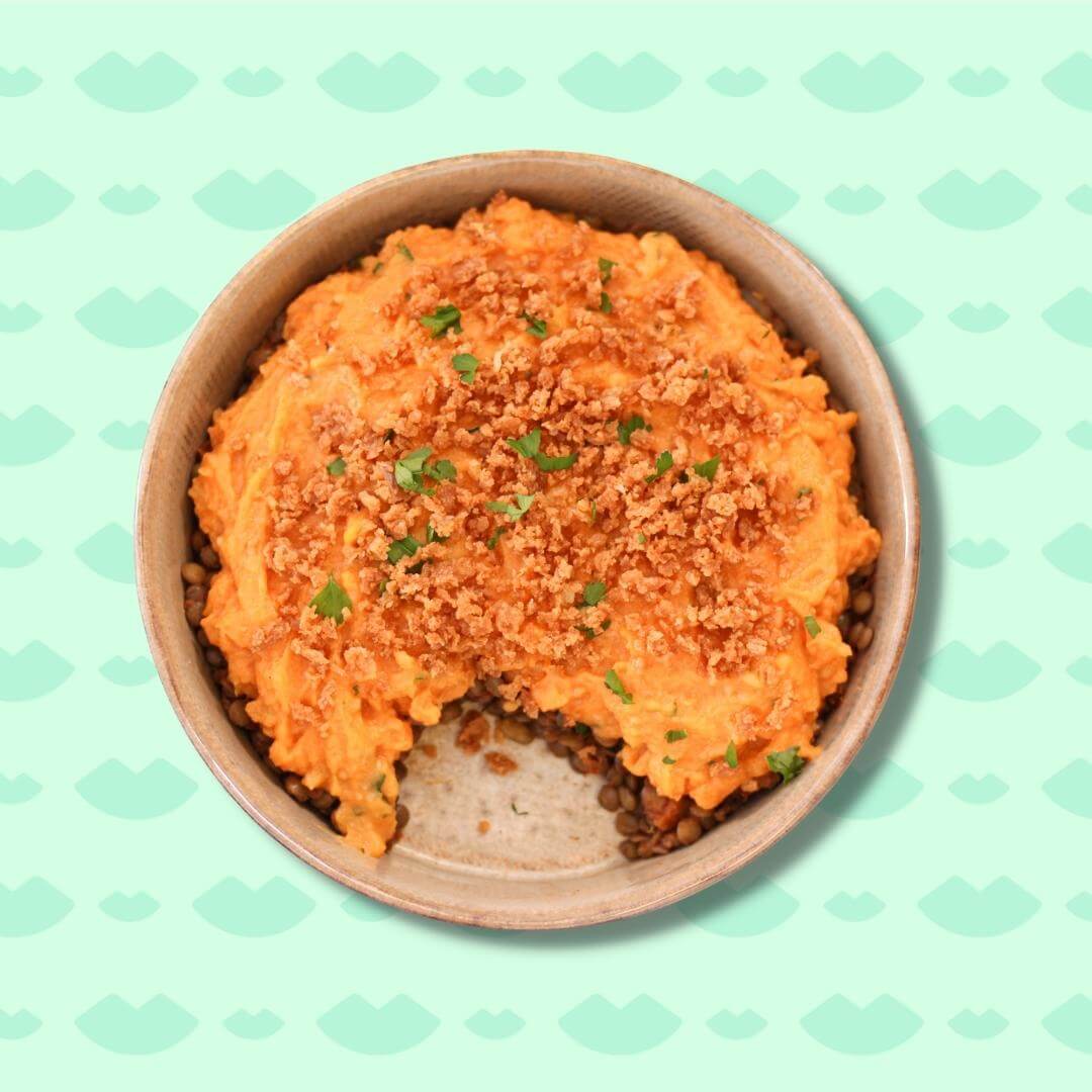 Parmentier à la patate douce, lentilles vertes et carottes