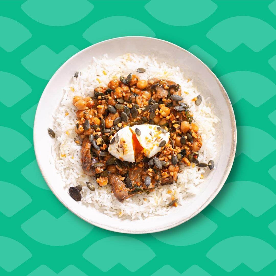 Chakchouka aux champignons, pois chiche et œuf mollet